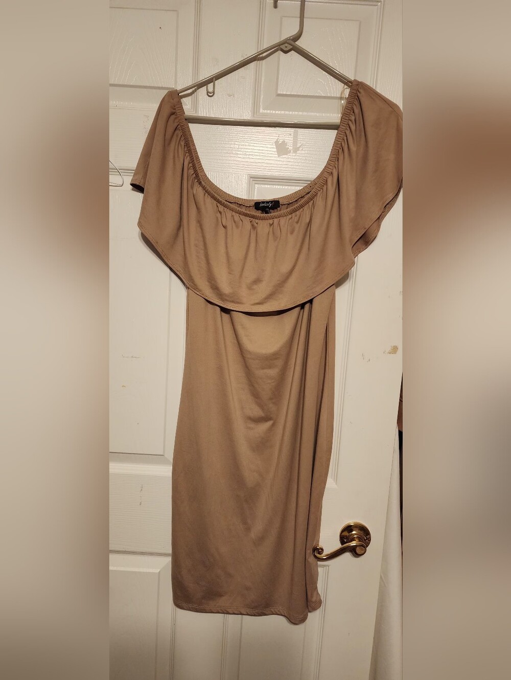 Absolutely Off-Shoulder Tan Dress